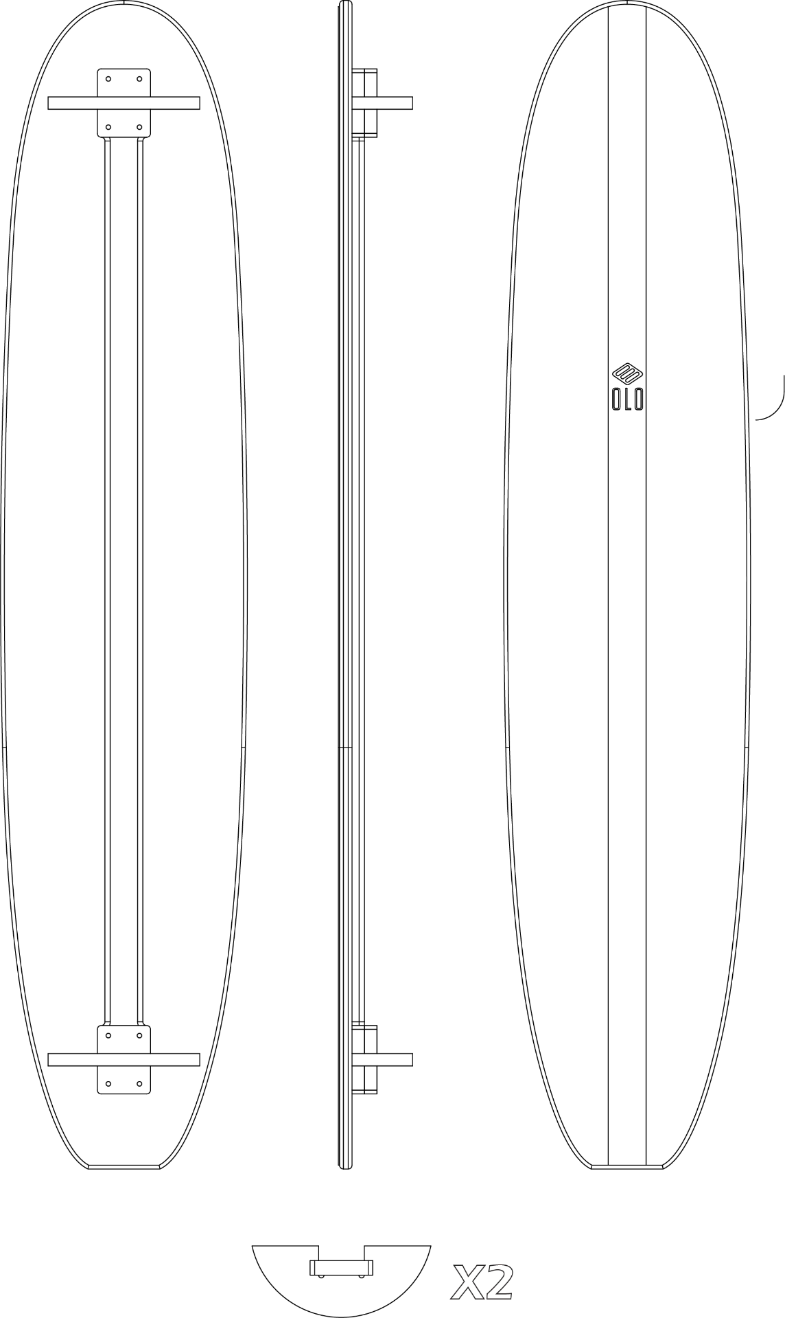Technical line drawing of the Olo Balance Set — deck top, side profile and balance arcs