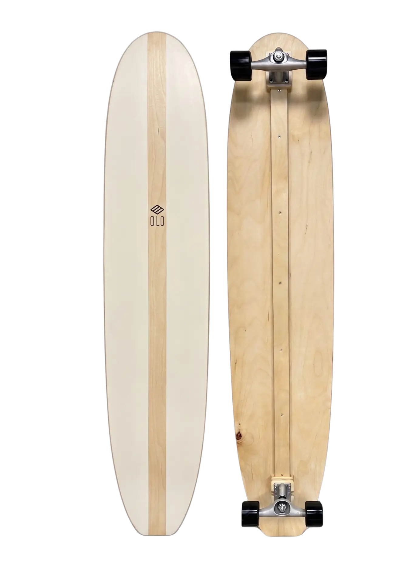 Olo longboard in Natural White — top deck and natural birch underside side by side
