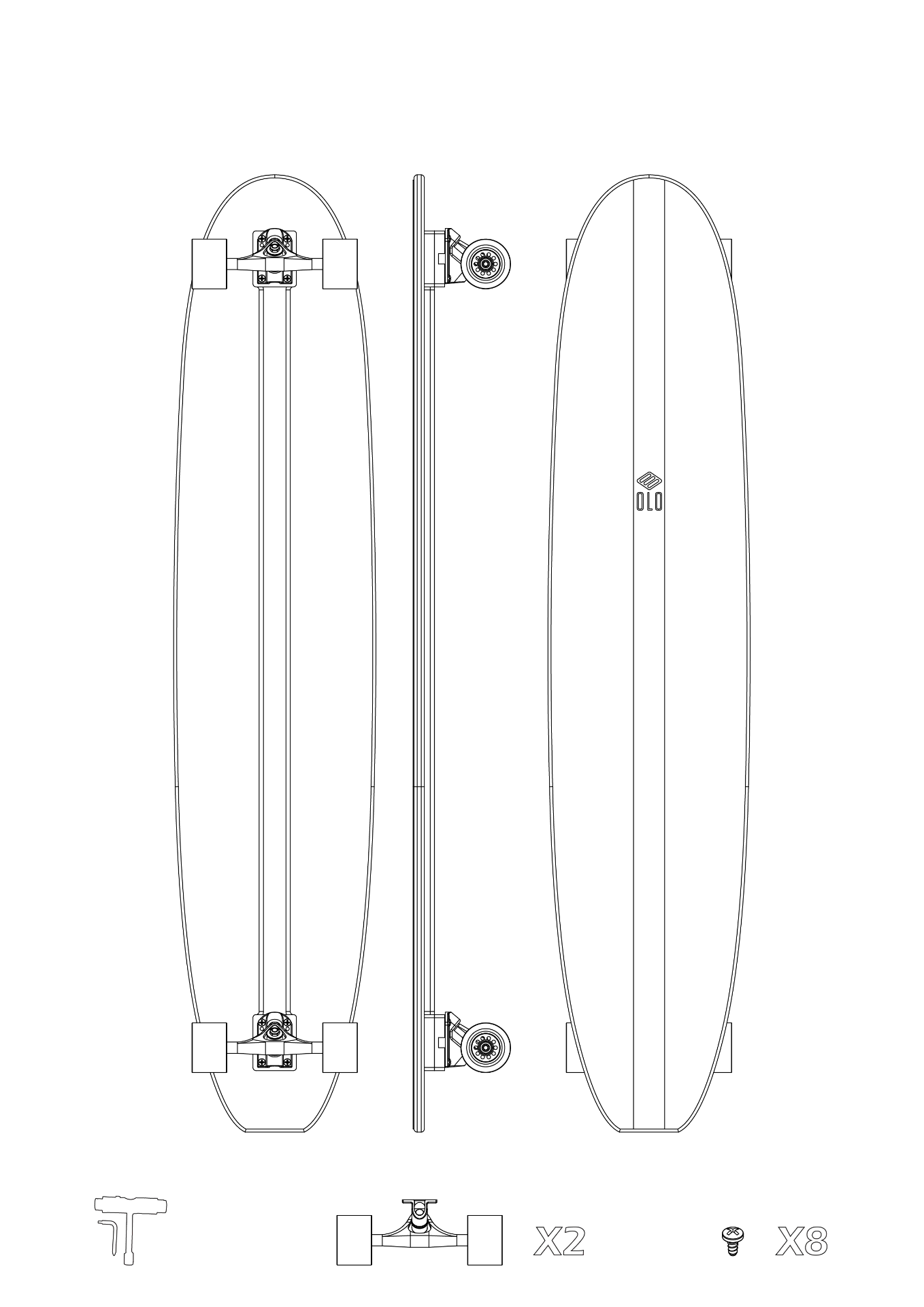 Technical line drawing of the Olo Skate Set — deck, trucks, wheels, hardware and multitool