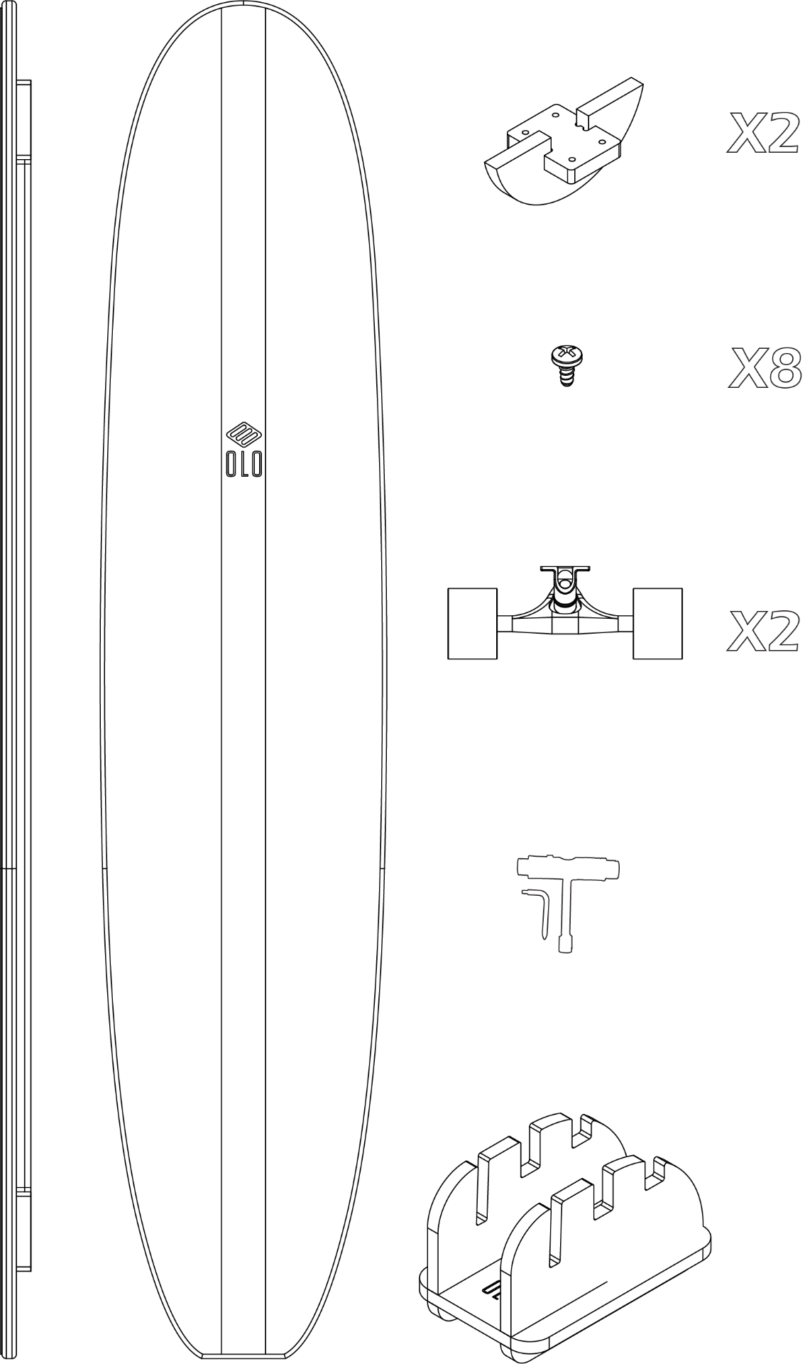 Technical line drawing of the Full Olo Combo — deck, arcs, trucks, hardware, multitool and display stand