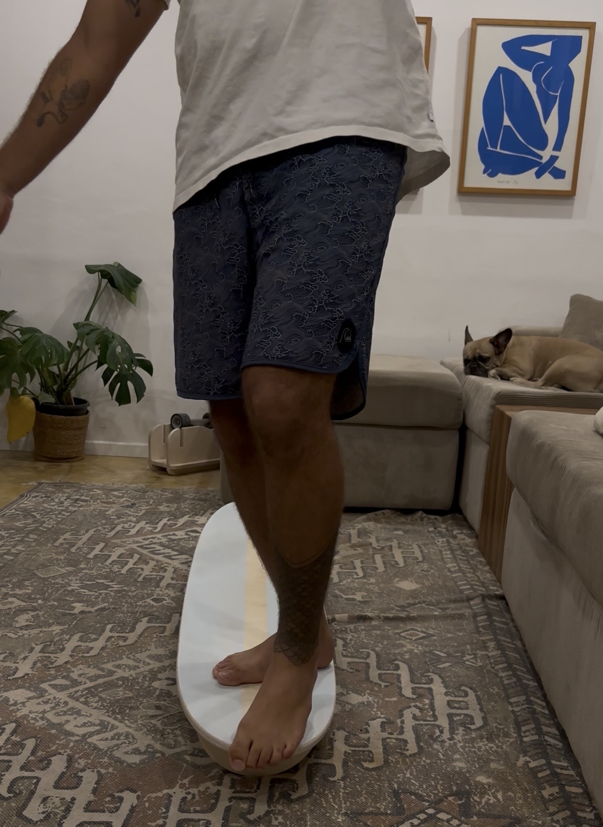 The Olo board resting on its display stand in a minimalist living room